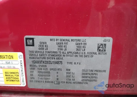 2013 GMC Acadia Denali z USA, uszkodzony, nr VIN 1GKKVTKDXDJ194875